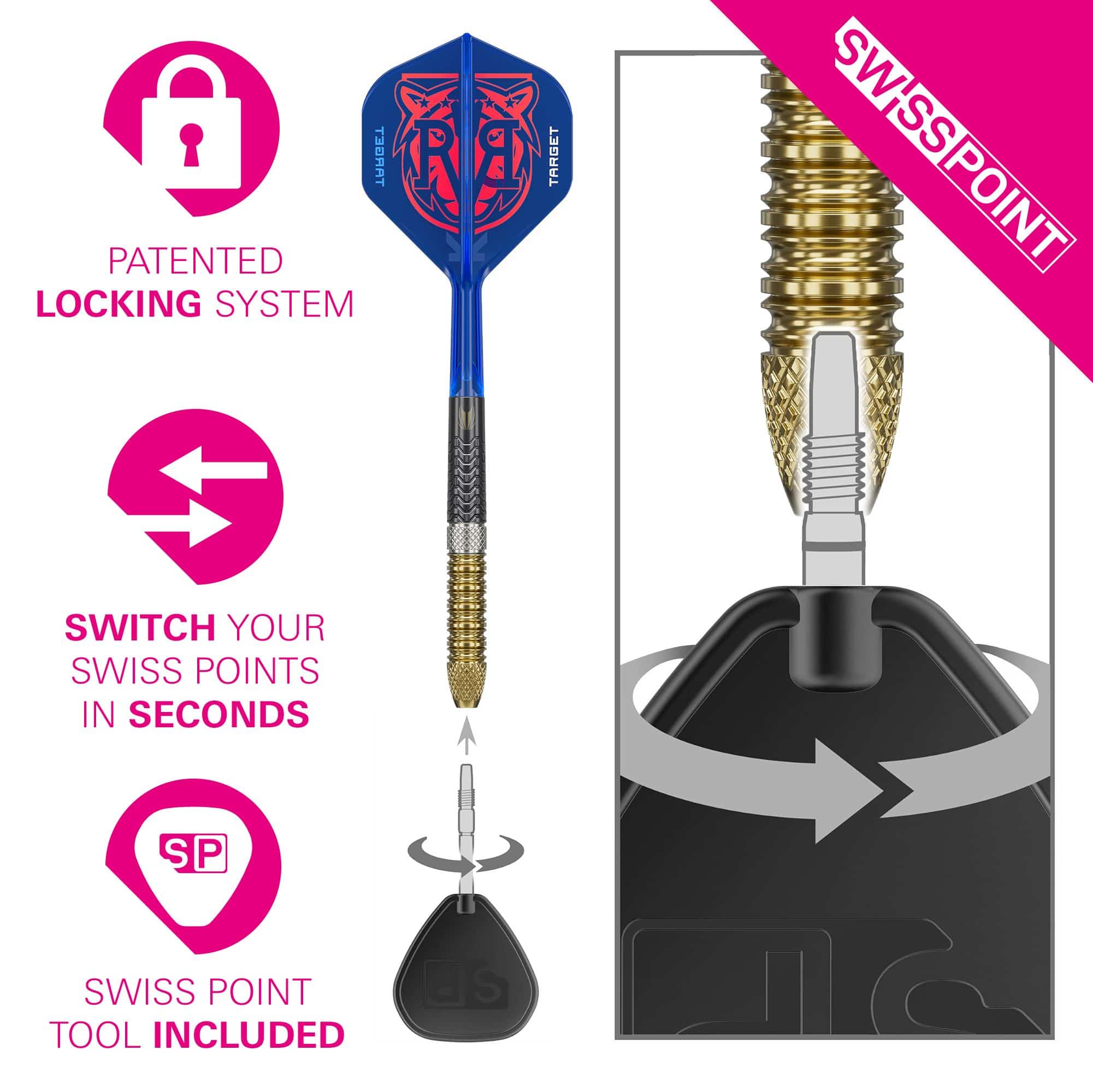 Terčové ocelové šipky Raymond Van Barneveld GEN6 Swiss Point Das Bild zeigt die Target Raymond Van Barneveld GEN6 Swiss Point Steeldarts. Die Darts sind hochwertig verarbeitet und speziell für professionelle Spieler entwickelt.