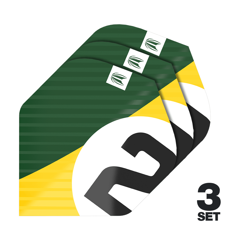 Target Pro Ultra Chicane Green No2 Standardní lety - 3 sady Das Bild zeigt drei Sets der Target Pro Ultra Chicane Green No2 Standard Flights. Die Flights sind grün mit gelben und weißen Akzenten sowie einer großen schwarzen „2“ bedruckt.