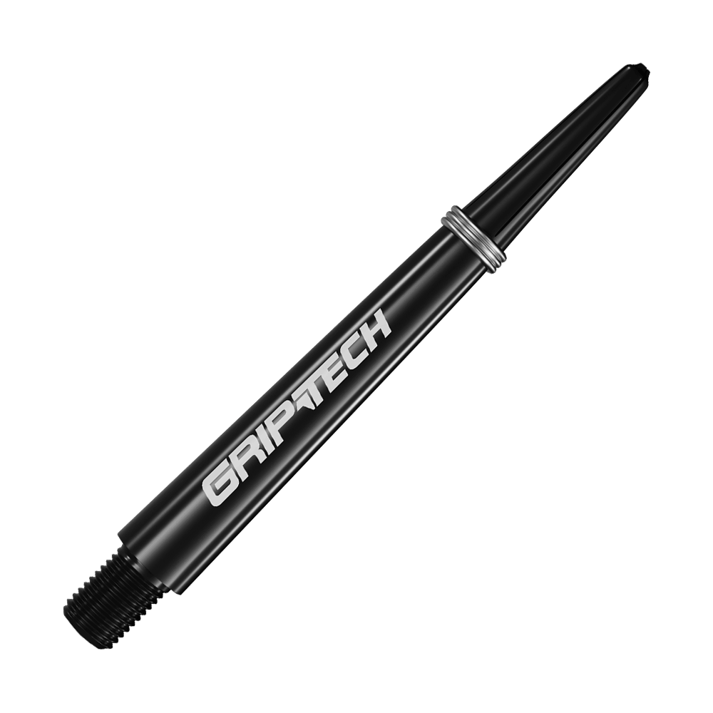 GOAT Griptech shafty - černé Auf dem Bild ist ein schwarzer Dart-Schaft mit der Aufschrift "GRIPTECH" zu sehen. Der Schaft ist schlank und hat silberne Ringe in der Nähe des oberen Endes.