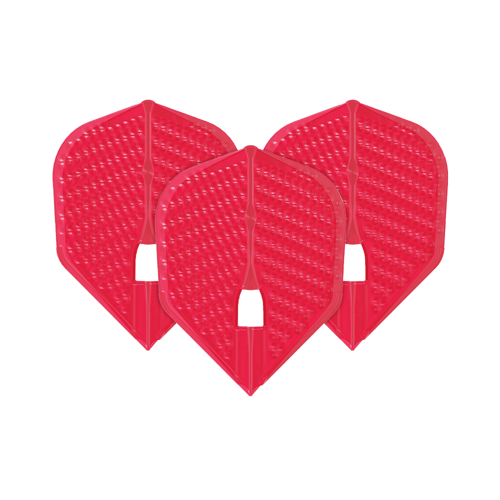 L-Style Flights Dimple Champagne L3PRO Shape Das Bild zeigt drei rote Dartflights des Modells "L-Style Flights Dimple Champagne L3PRO Shape". Die Flights haben eine strukturierte Oberfläche mit kleinen Vertiefungen.