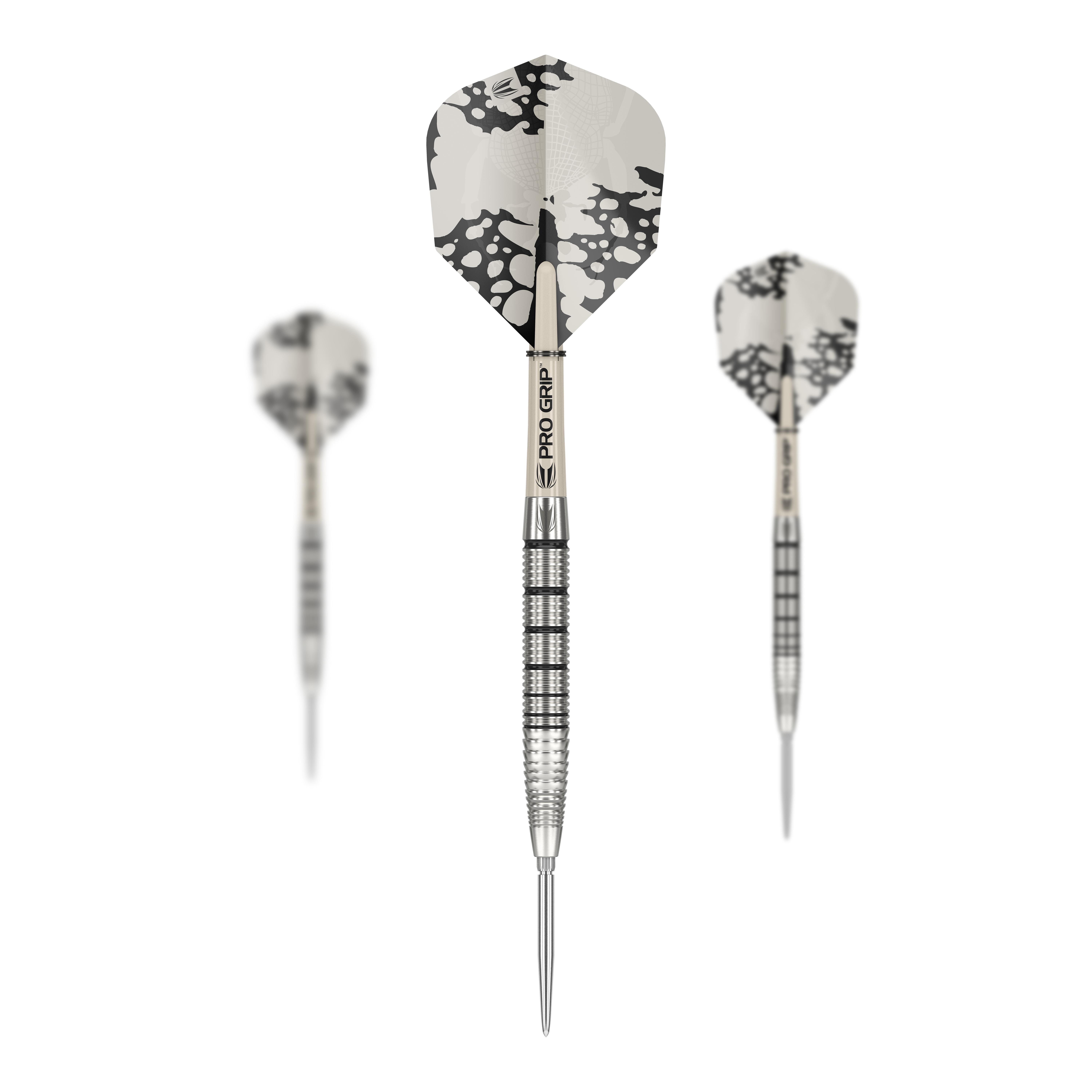 Ocelové šipky Target EXO SP02 Swiss Point Das Bild zeigt drei Target EXO SP02 Swiss Point Steeldarts mit modernen, silbernen Flights. Die Darts haben einen geriffelten Griff und sind mit dem Schriftzug "PRO GRIP" versehen.