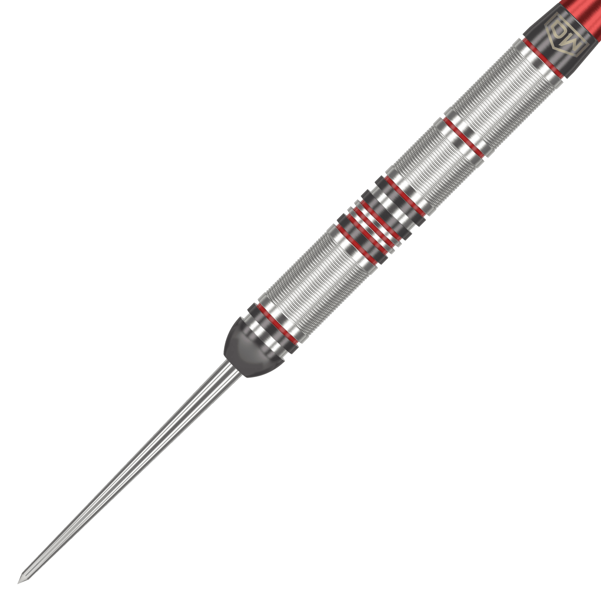 Ocelové šipky DW Piranha Razor 01 Das Bild zeigt einen DW Piranha Razor 01 Steeldart. Der Dartpfeil ist silbern mit roten Akzenten und hat eine feine Griffstruktur.