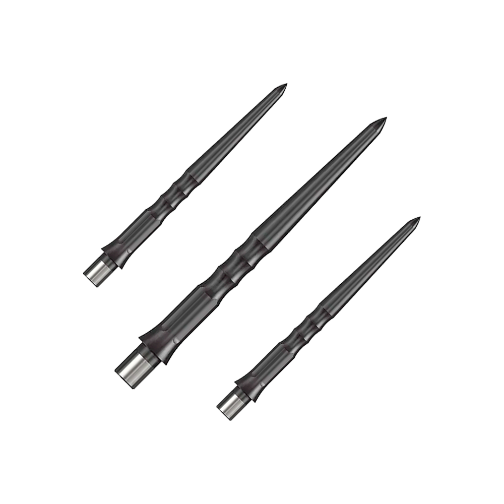 Auf dem Bild sind drei schwarze Stahlspitzen für Dartpfeile zu sehen. Sie haben ein geriffeltes Design und sind 28 mm lang.