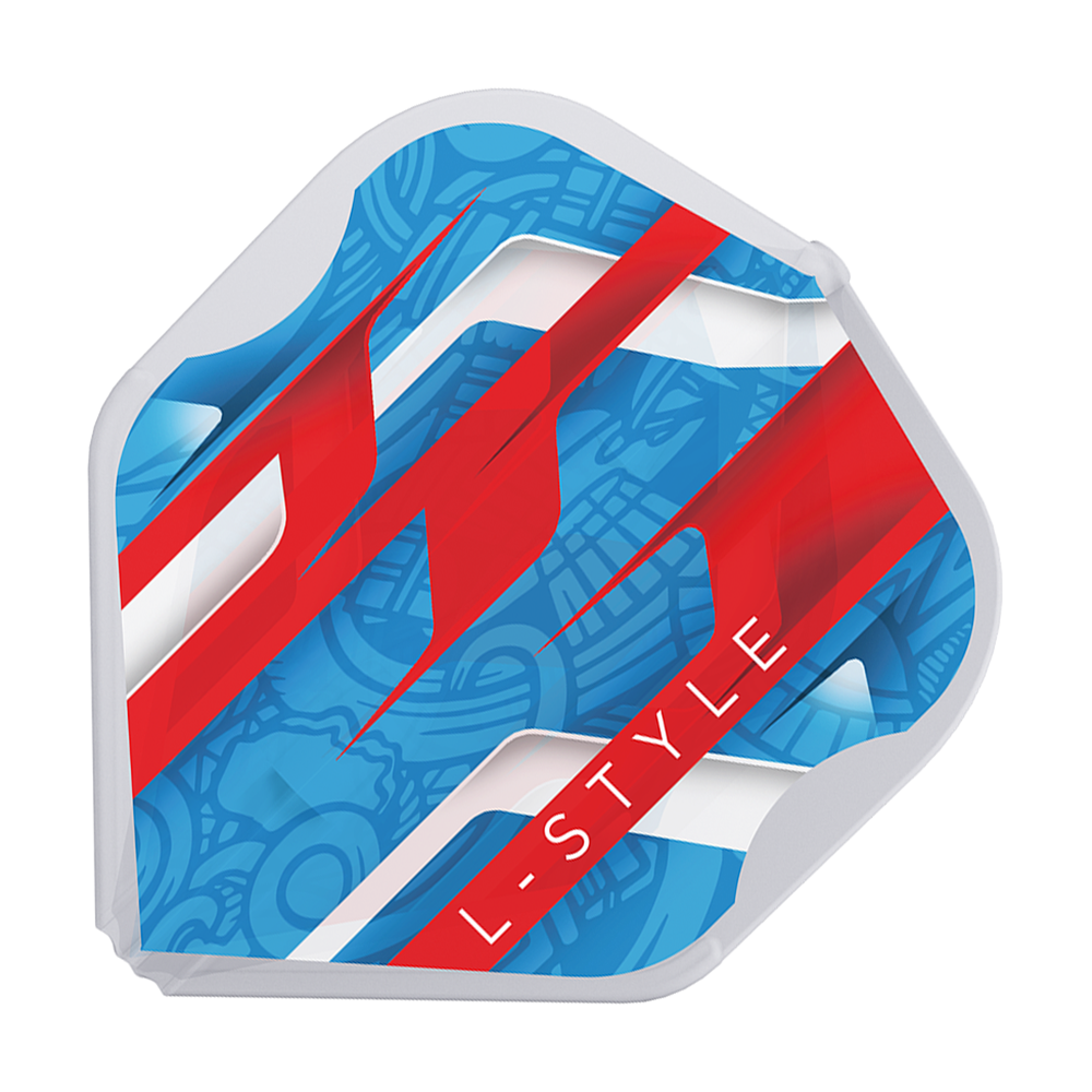 Das Bild zeigt ein Dartflight mit einem auffälligen Design in Blau, Rot und Weiß. Auf dem Flight steht der Schriftzug „L-STYLE“.