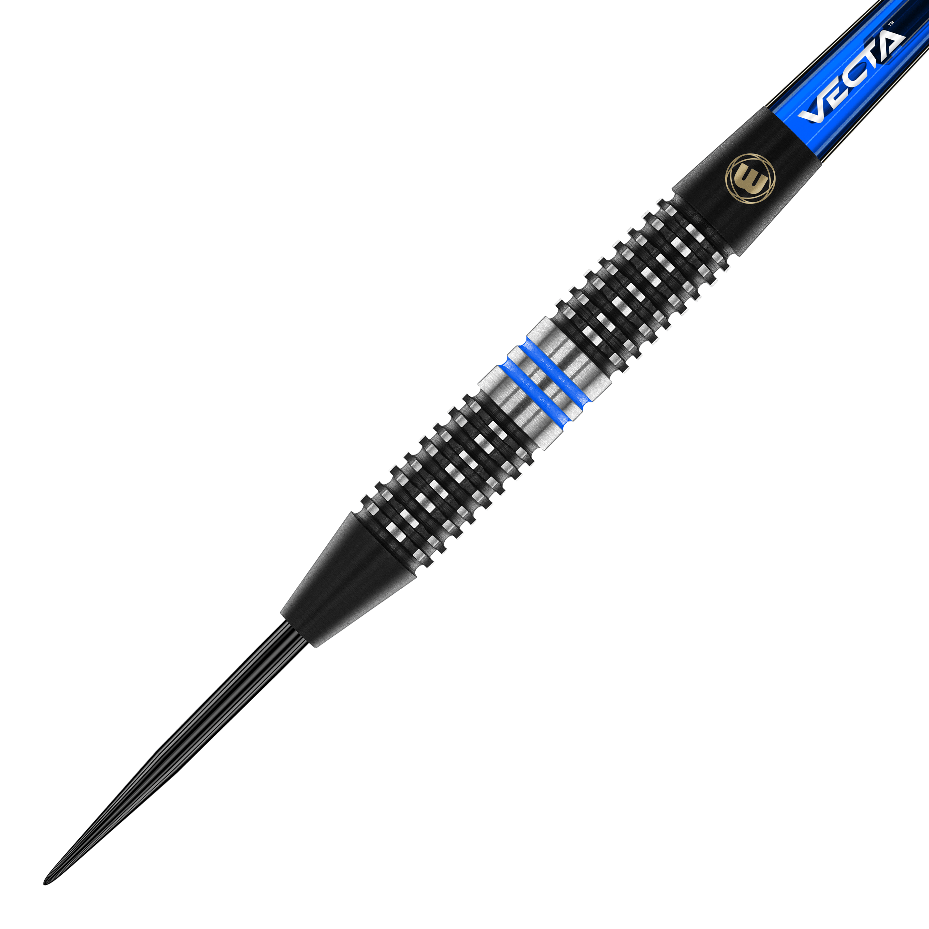 Ocelové šipky Winmau Galactics Das Bild zeigt einen Winmau Galactics Steeldart. Der Dart hat ein schwarzes und silbernes Griffstück mit blauen Ringen.