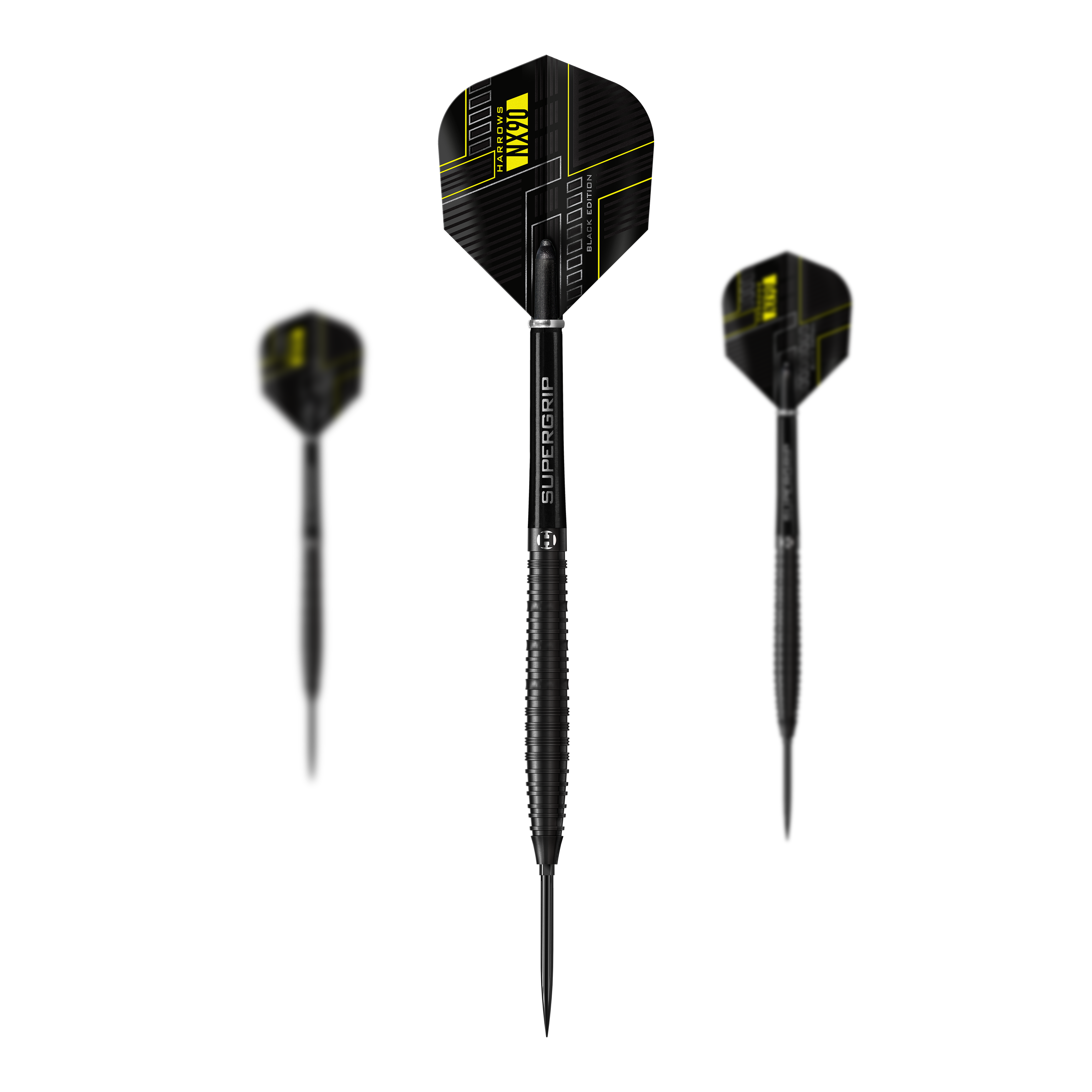 Harrows NX90 Black Edition Tapered Quick Point ocelové šipky Abgebildet sind die Harrows NX90 Black Edition Tapered Quick Point Steeldarts als Set. Das Bild zeigt die Zusammenstellung der Darts.
