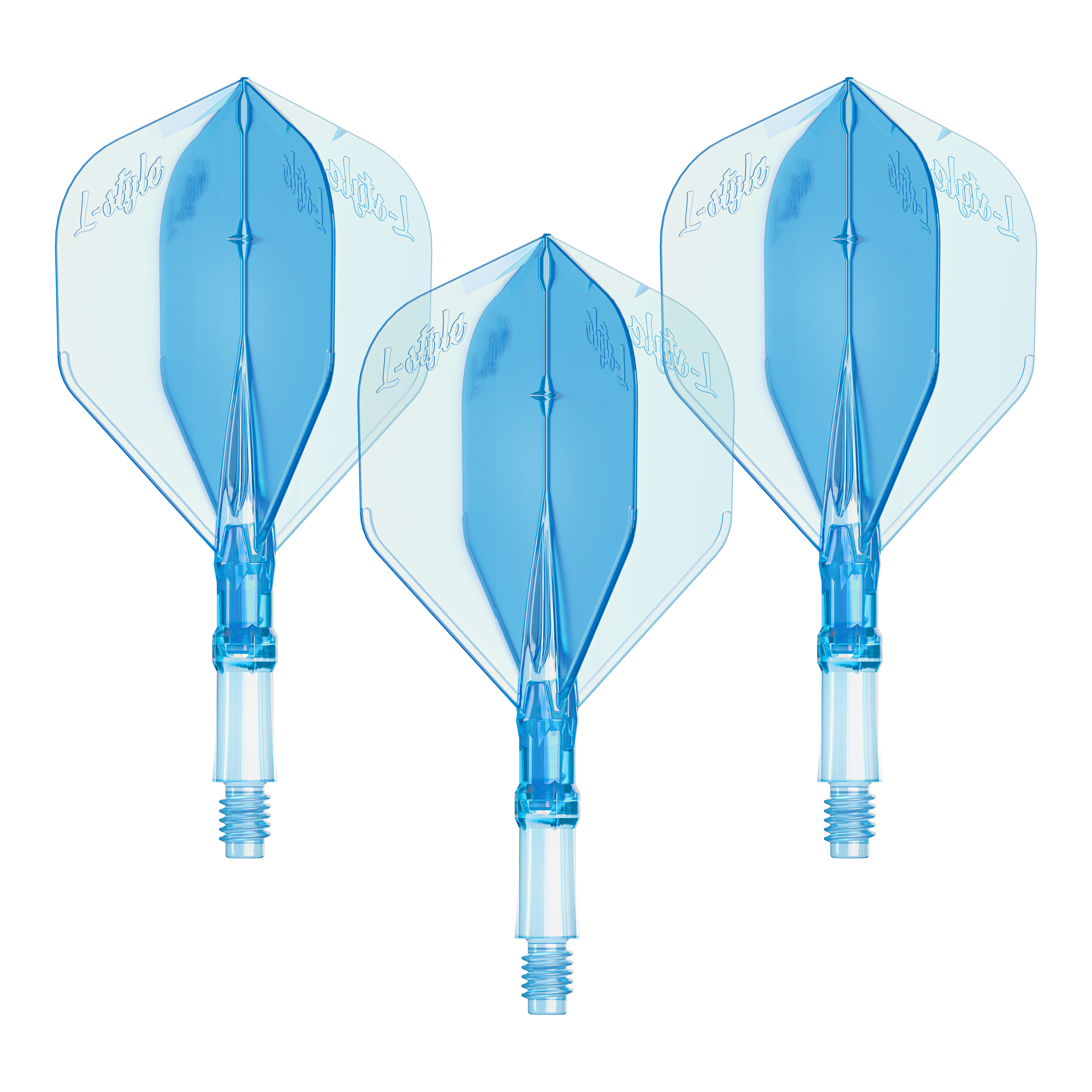 Letky L-Style L-System – Clear Blue Dieses Bild zeigt ein Set von L-Style L-System Flights in klarer blauer Farbe, Größe Small. Es ist ein Zubehörteil für Dartpfeile.