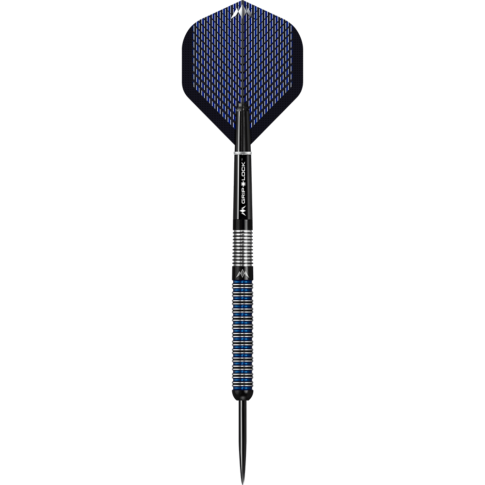 Ocelové šipky Mission Nightfall Model 1 Das Bild zeigt einen Mission Nightfall Model 1 Steeldart. Der Dart hat ein modernes Design mit schwarzen und blauen Akzenten.