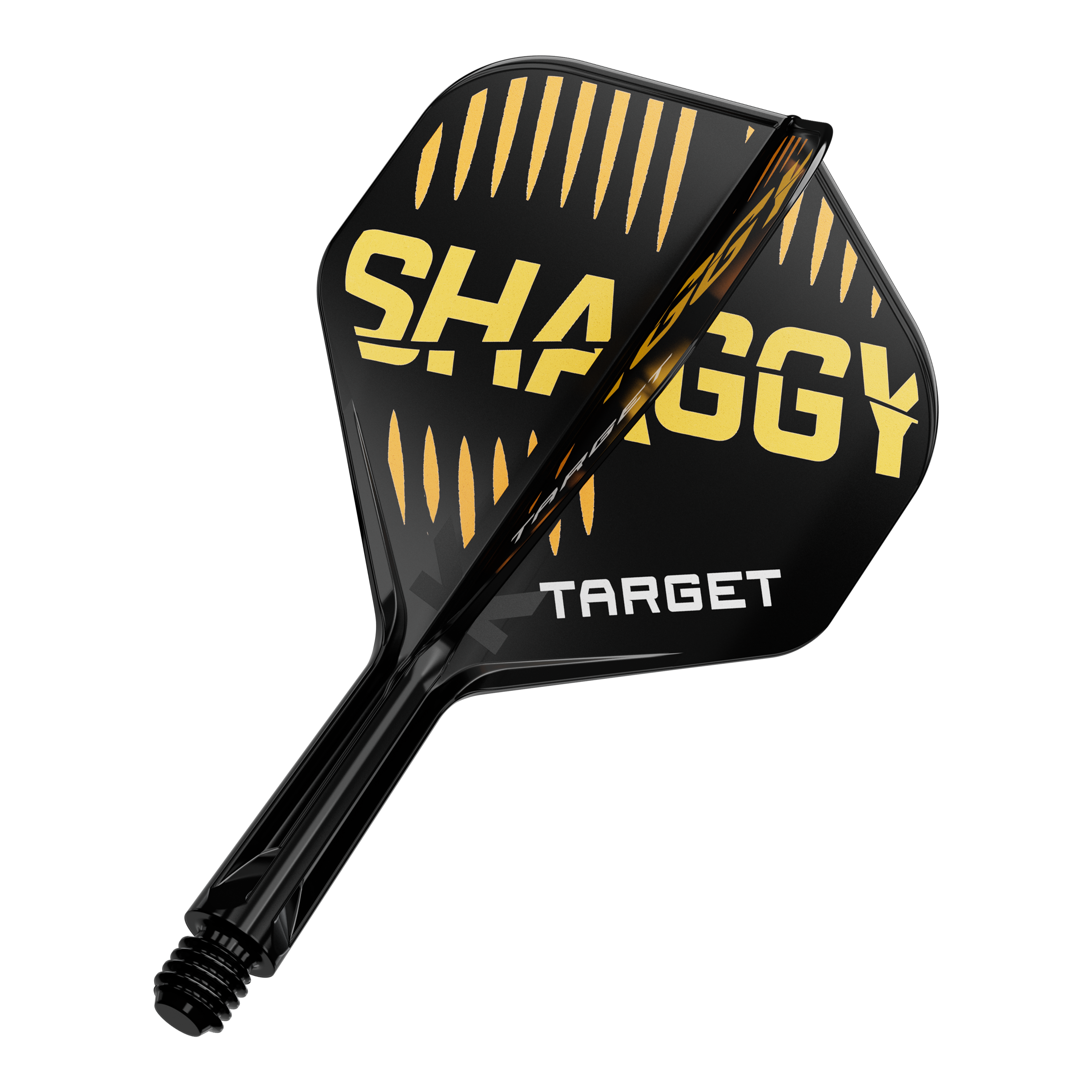Das Bild zeigt eine schwarze Dartflügel mit gelben und weißen Aufschriften. Auf dem Flügel stehen die Worte "SHAGGY" und "TARGET".