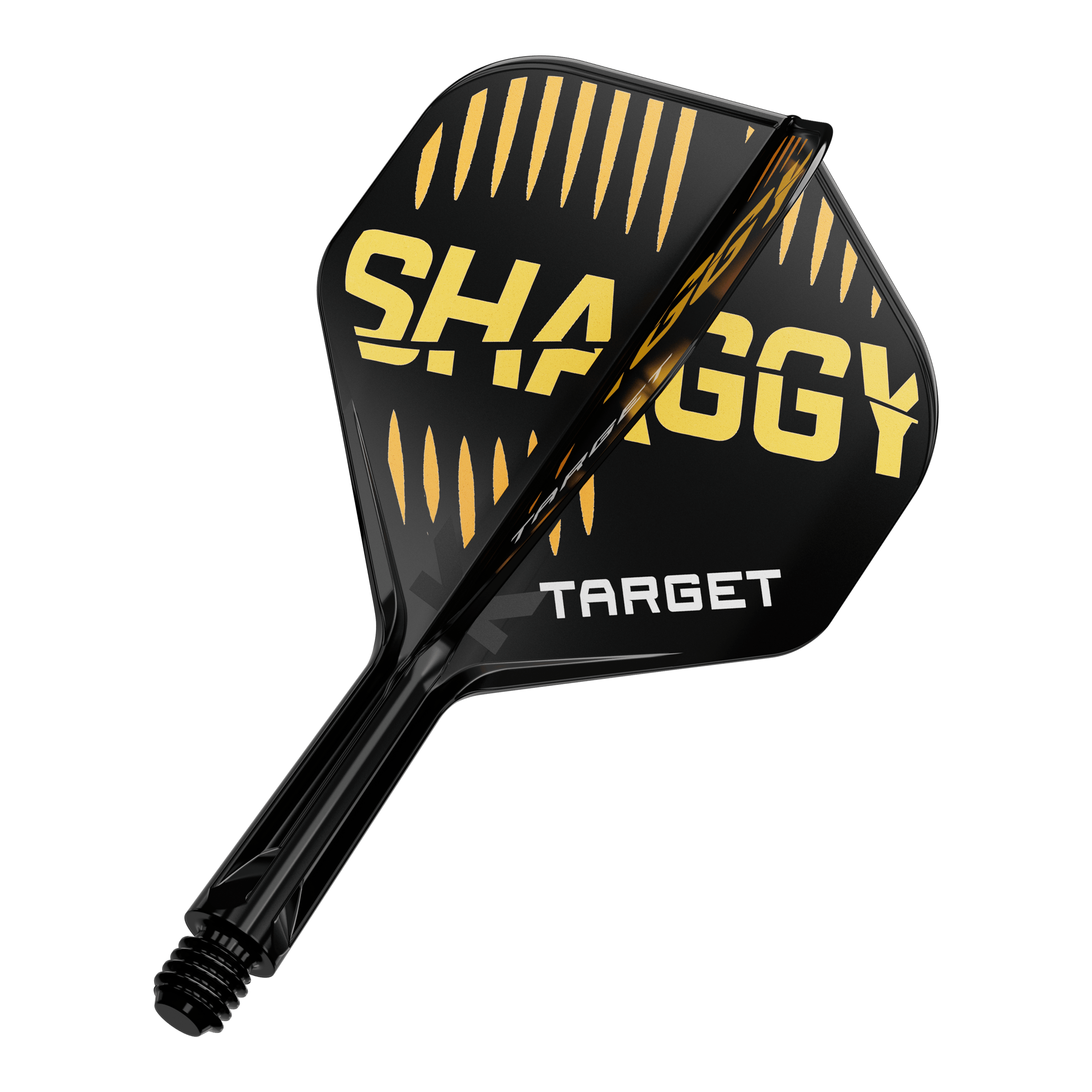 Systém standardních letových hřídelí Target K-Flex Scott Williams No2 Das Bild zeigt eine schwarze Dartflügel mit gelben und weißen Aufschriften. Auf dem Flügel stehen die Worte "SHAGGY" und "TARGET".