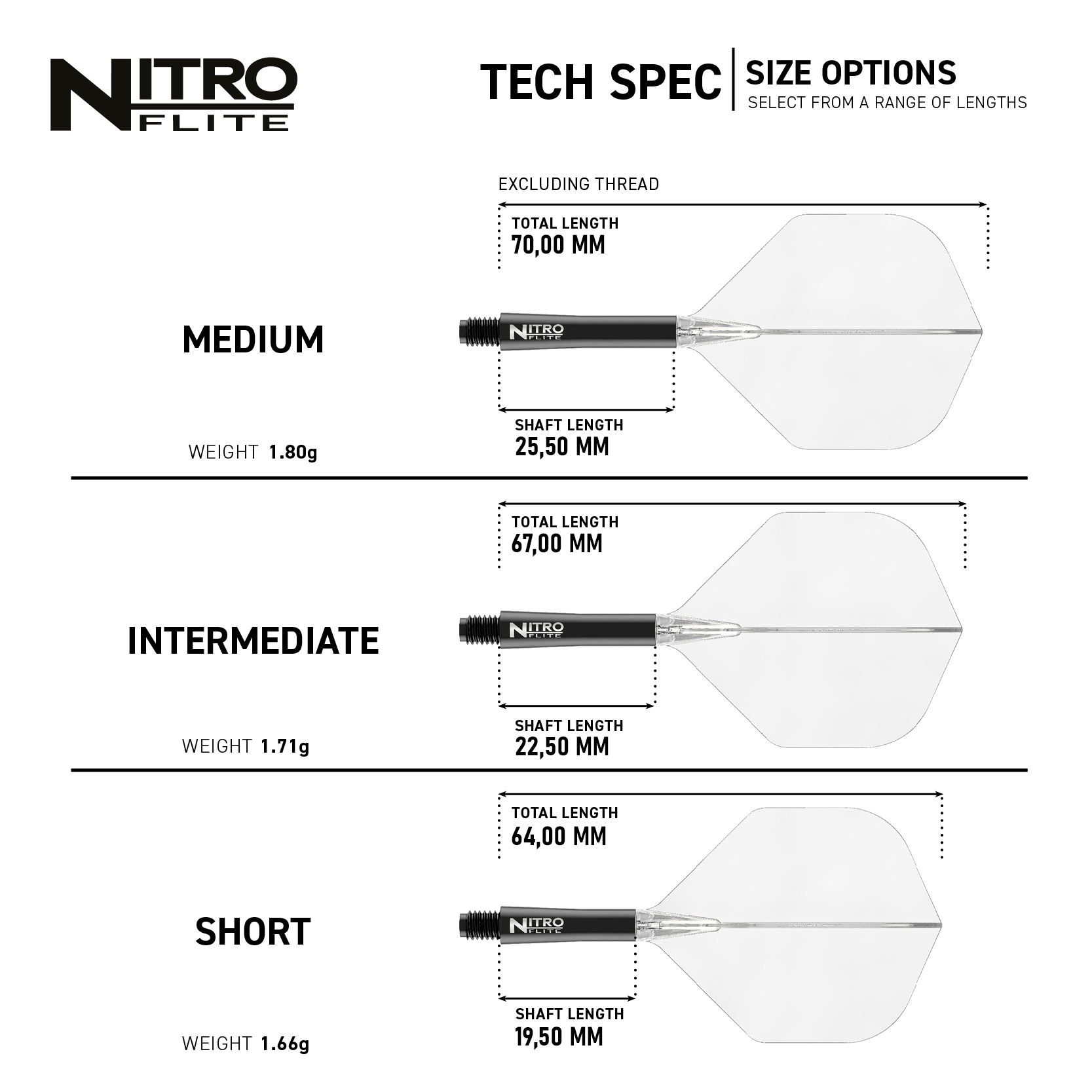 Das Bild zeigt die technischen Spezifikationen und Größenoptionen des Produkts 'Red Dragon Nitroflite - Black Shaft Clear No2 Flights'. Es werden die Längen und Gewichte für die Größen Medium, Intermediate und Short anschaulich dargestellt.