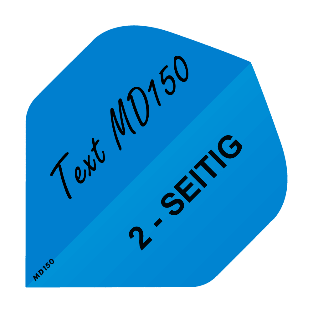 MD-206_2-Seitig_Bedruckte_Flights_Wunschtext_MD150_Blau_Standard_1 Das Bild zeigt ein blaues Quadrat mit dem Text „Text MD150“ und „2-SEITIG“ darauf. In der unteren linken Ecke steht klein „MD150“.