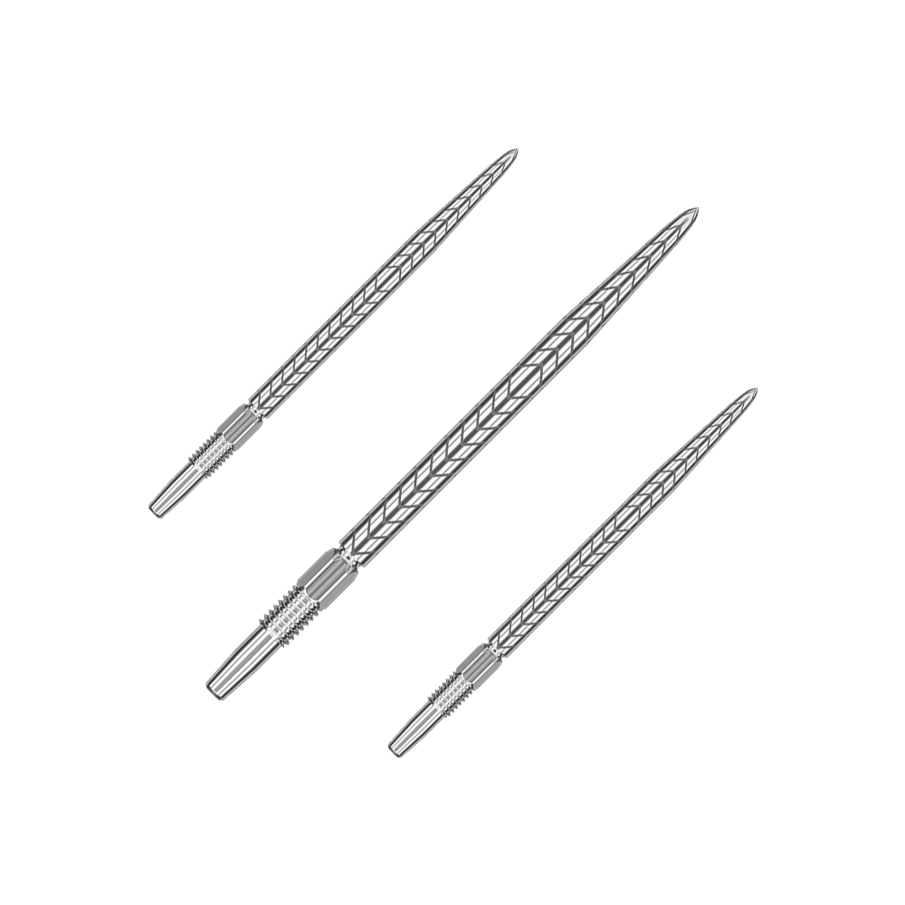 Target Swiss Point RVE Dartspitzen - Silber Auf dem Bild sind drei silberne Dartspitzen mit einem eingravierten Muster zu sehen. Sie sind länglich geformt und haben ein fein gearbeitetes Design.