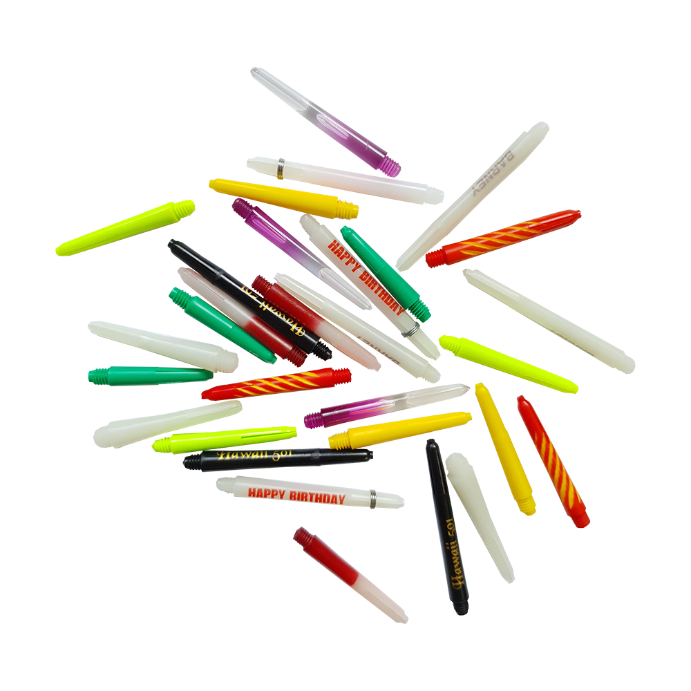 360_Shaft_-berraschungs_Pack_10Sets_1 Das Bild zeigt eine bunte Auswahl an Dart-Schäften in verschiedenen Farben und Designs. Es handelt sich um das Produkt "Shaft Überraschungspaket (10 Sets)".