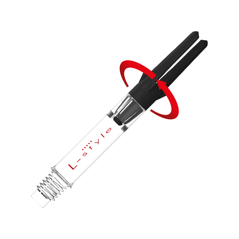 Gezeigt wird das Produkt L-Style L-Shaft Carbon Silent Straight Clear OhneKappen 39mm 2 Symbol. Es dürfte ein Schaft für Dartpfeile sein.