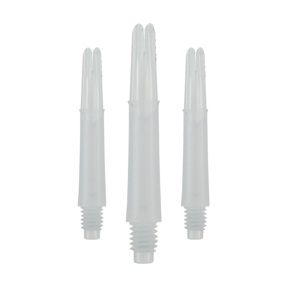 Hier ist ein Set L-Style L-Shaft Locked Straight in Milchweiß ohne Kappen, 32mm, zu sehen. Das Bild zeigt Dartschäfte als Zubehör.