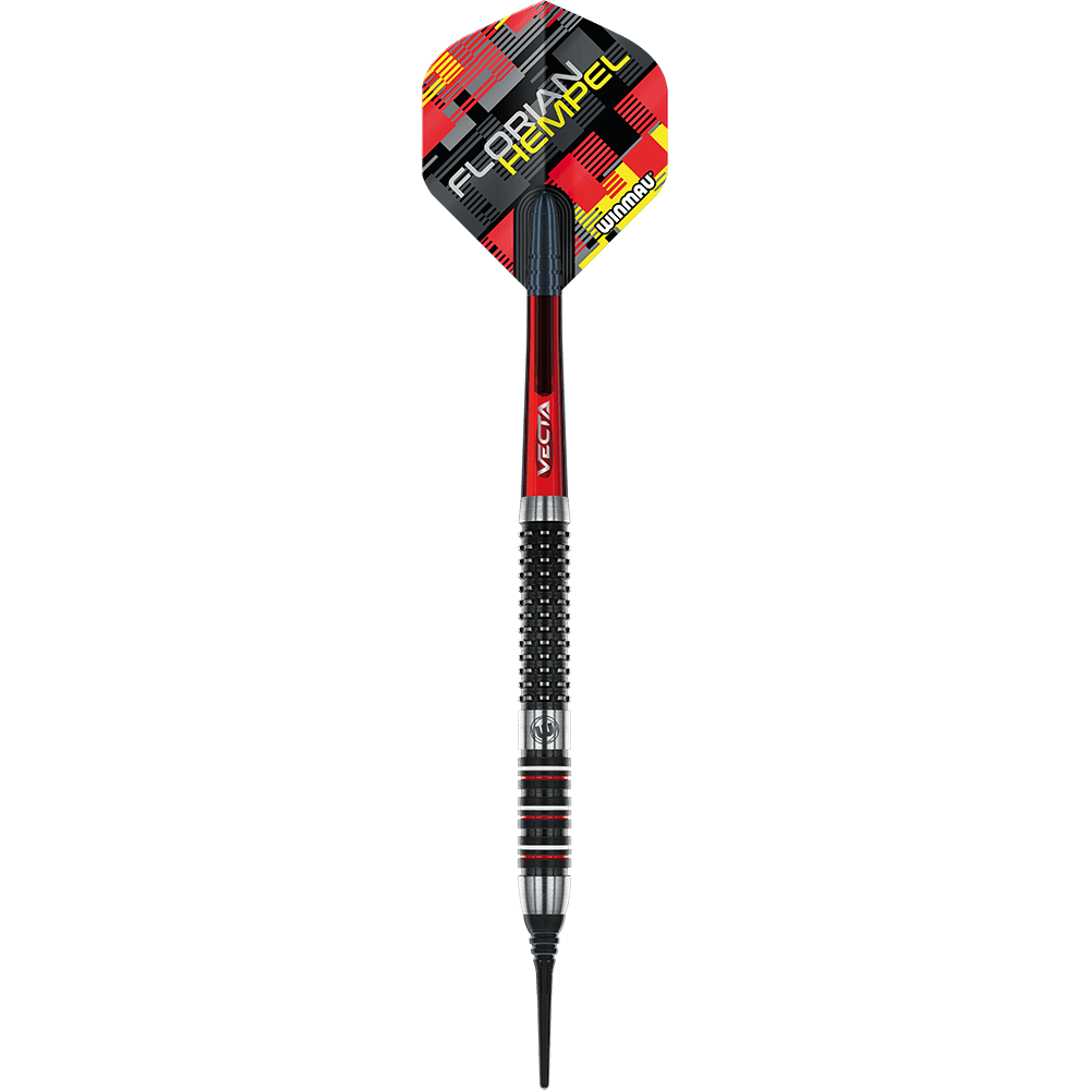 2466_Winmau_Florian_Hempel_Softdarts_1akpLr2CixJVwy Das Bild zeigt einen Winmau Florian Hempel Softdart mit einem Gewicht von 21g. Die Flights sind bunt gestaltet und tragen den Namen "Florian Hempel".