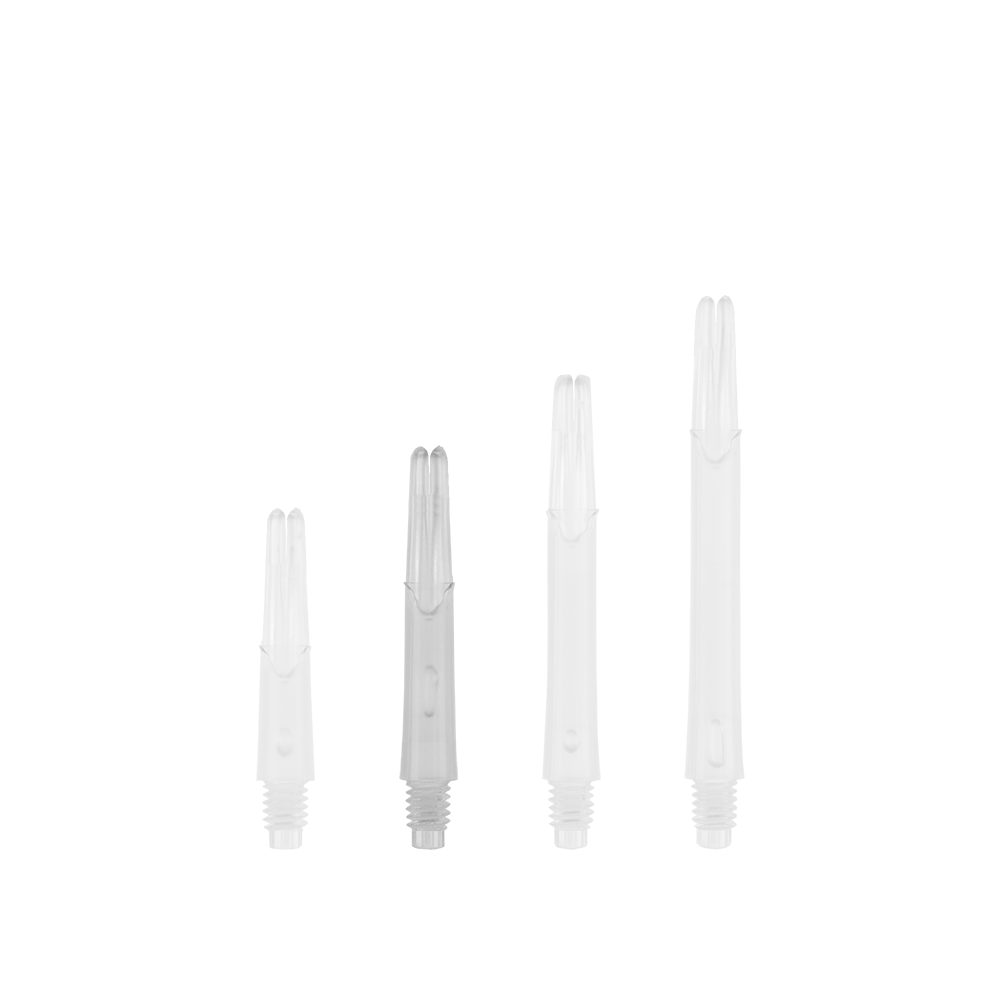 L-L-Style-Shafts Locked Straight - Clear Das Bild zeigt vier transparente, gerade Kunststoffschäfte in unterschiedlichen Längen. Sie sind vermutlich Ersatzteile für Dartpfeile.