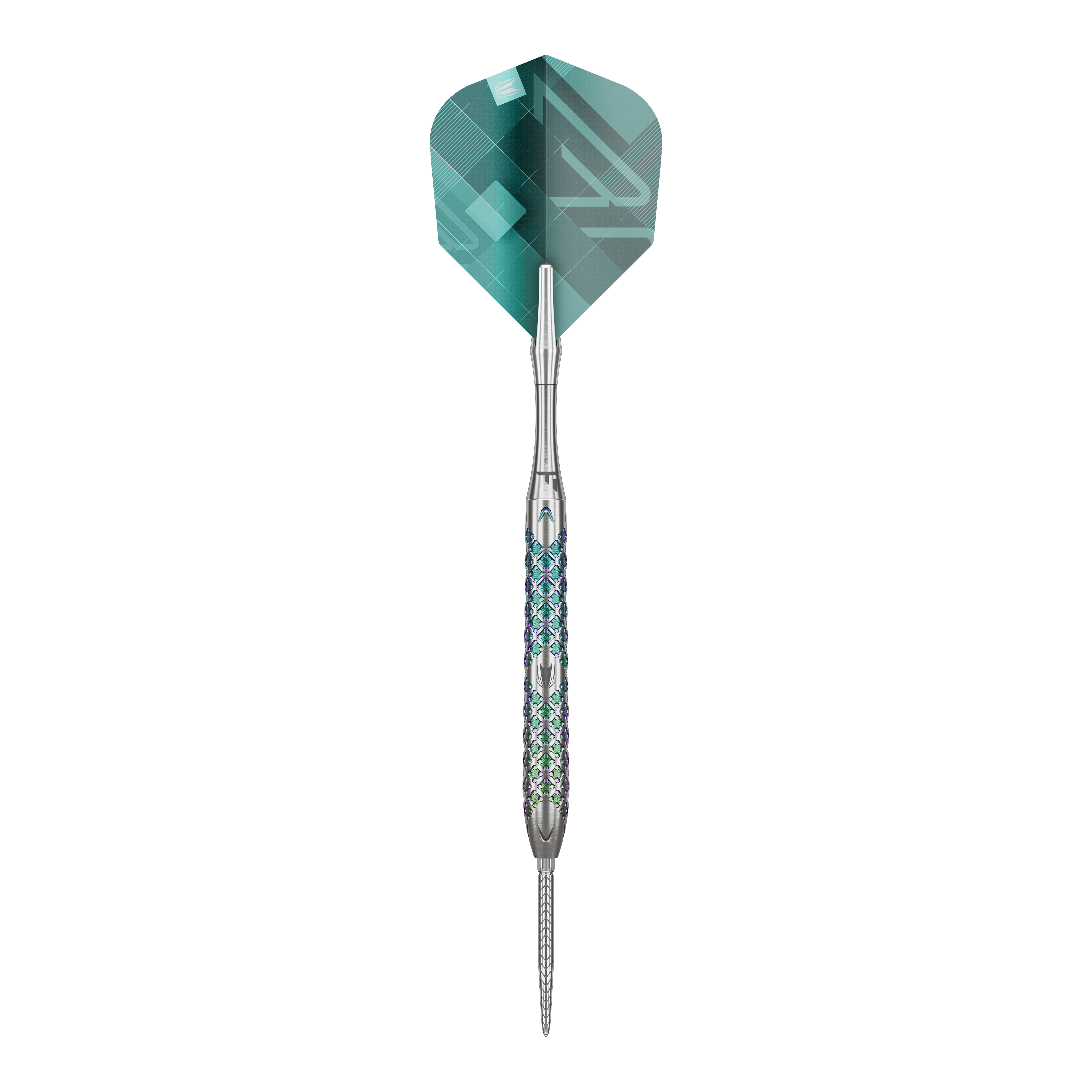 Ocelové šipky Target Rove 03 Swiss Point Das Bild zeigt einen Target Rove 03 Swiss Point Steeldart. Der Dart hat ein silbernes Metallgehäuse mit blauen Akzenten und eine grüne Flight.