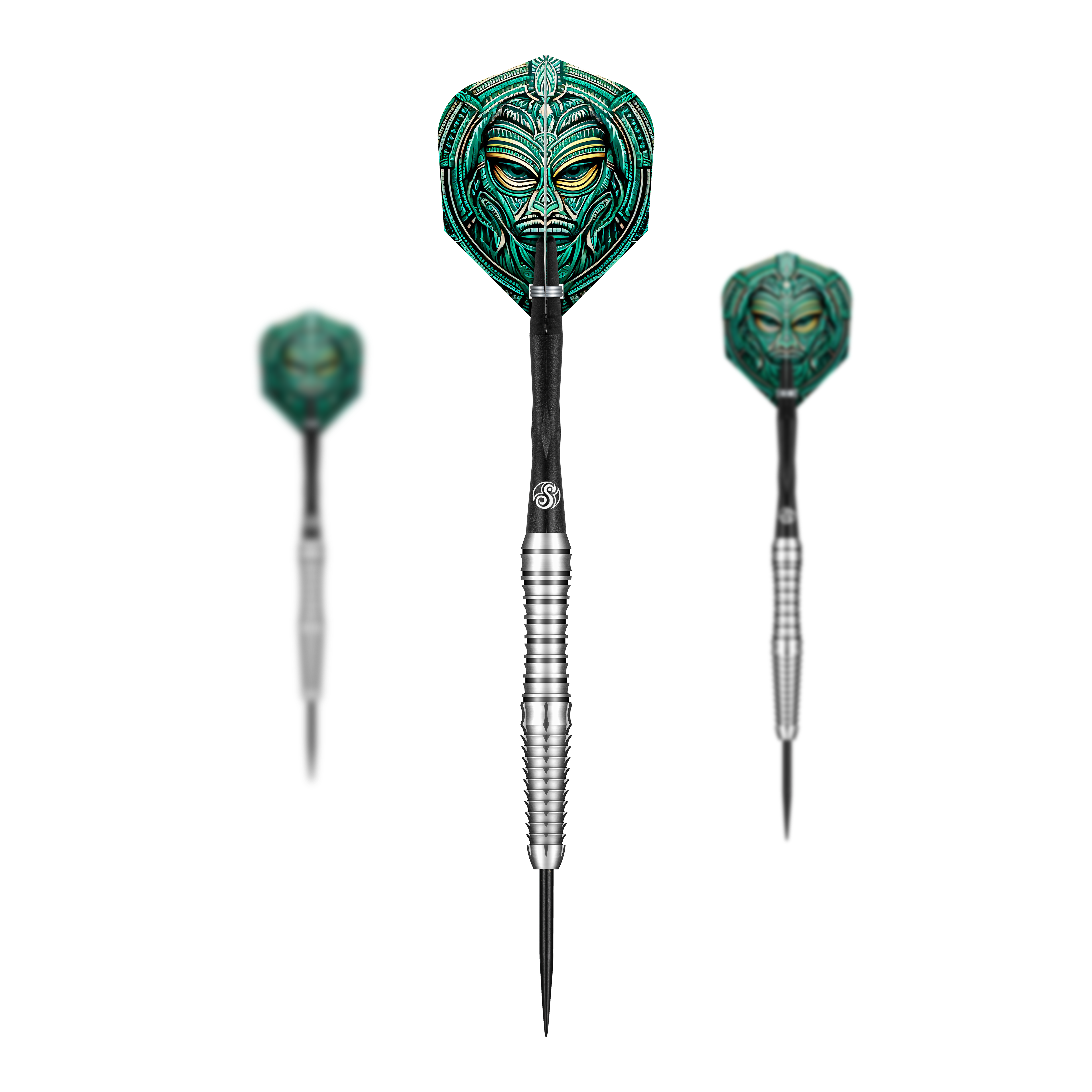Das Bild zeigt drei Steeldarts des Produkts "Shot Tribal Weapon Toki". Die Flights haben ein auffälliges, grünes Maskendesign mit tribalem Muster.