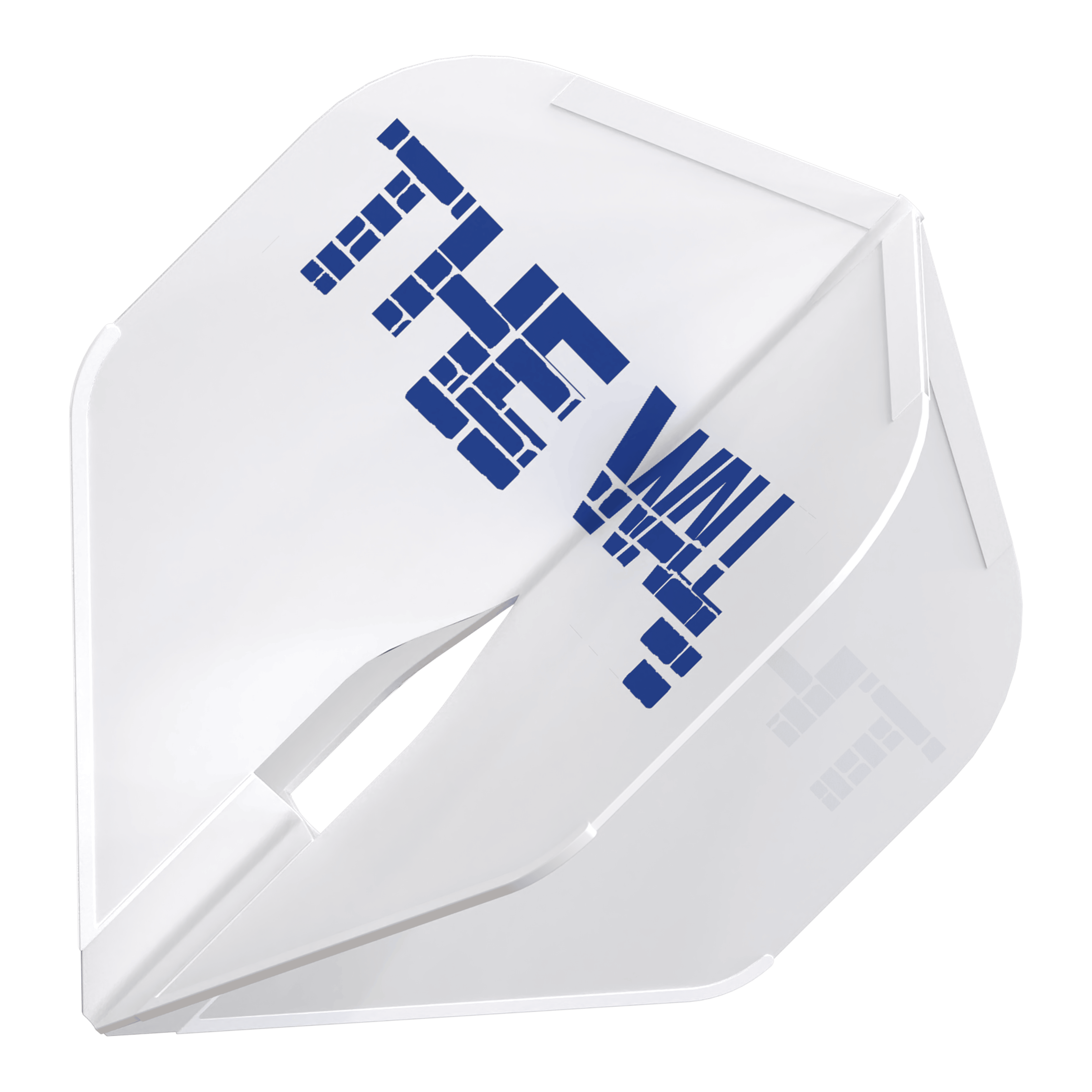 Letky Martin Schindler White L1PRO ve stylu L Das Bild zeigt einen weißen Dartflight mit der Aufschrift "THE WALL" in blauer Farbe. Es handelt sich um das Produkt "L-Style Martin Schindler Weiß L1PRO Flights".