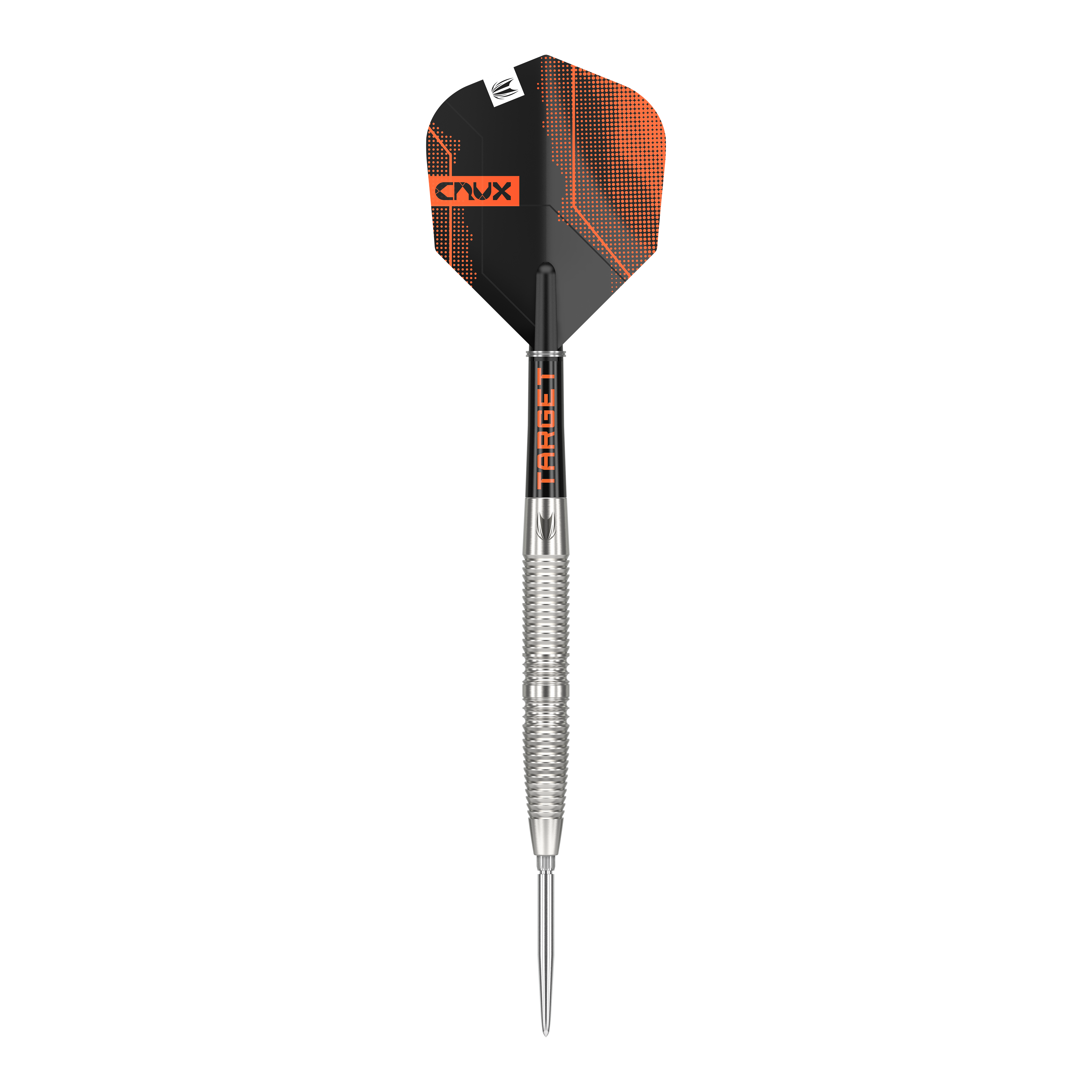 Target Crux 02 Swiss Point Steeldarts Das Bild zeigt einen modernen Steeldartpfeil mit einer silbernen Spitze und einem geriffelten Griff. Die Dartflügel sind schwarz mit orangefarbenen Akzenten und der Aufschrift „CRUX“ und „TARGET“.