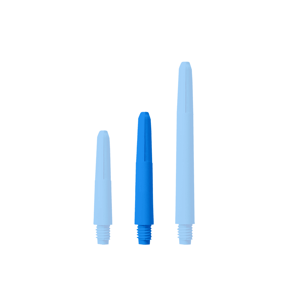 Das Bild zeigt drei blaue Nylon-Schäfte in unterschiedlichen Längen. Sie sind nebeneinander auf weißem Hintergrund angeordnet.