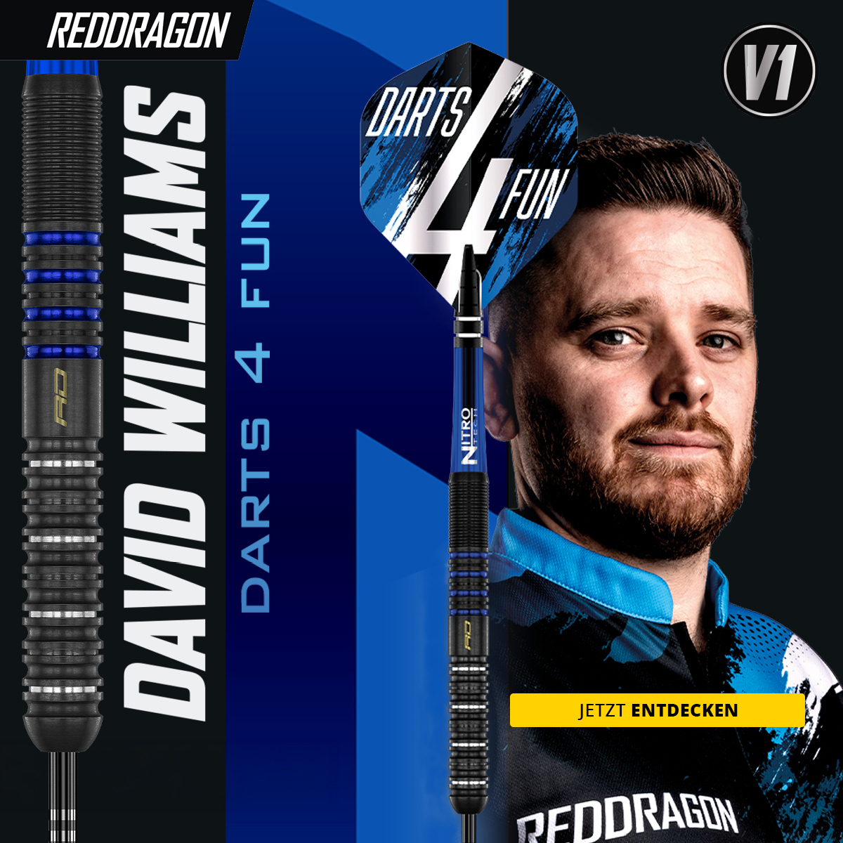 Das Bild zeigt '2026-05_RedDragon_DavidWilliams_Hero'. Es könnte sich um ein Dartprodukt oder eine darauf bezogene Person handeln.