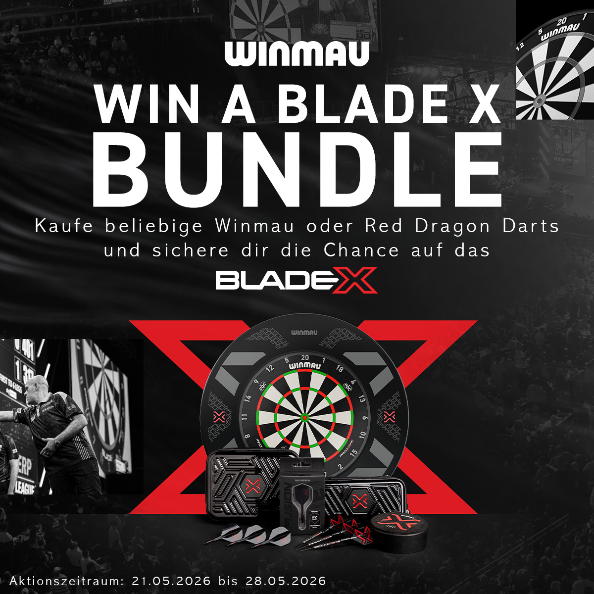 Aktion Hero Bundle wird auf dem Bild gezeigt. Dieses Bild trägt den Dateinamen 2026-05_Winmau_BladeX_Bundle_Aktion_Hero.