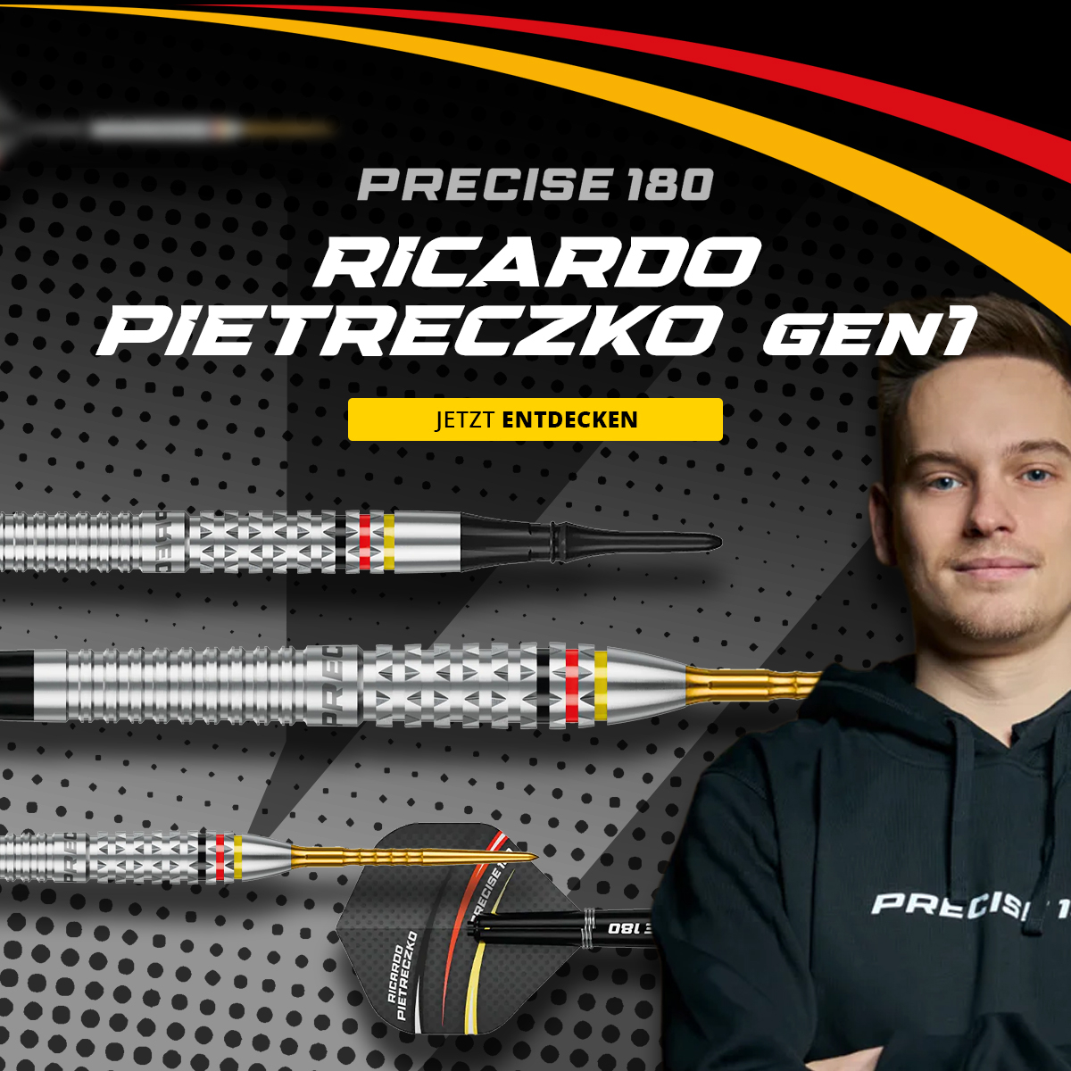 Dieses Bild zeigt einen Artikel mit dem Dateinamen 2026-05_Precise180_PietreczkoGEN1_Hero. Es handelt sich vermutlich um ein Produktbild aus dem McDart-Shop.