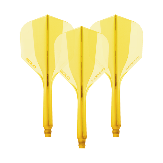 Ein Harrows Solo No6 Flight Shaft System in Gelb mit einer Länge von 27mm. Das Bild zeigt ein Set Dart Shafts in gelber Farbe.