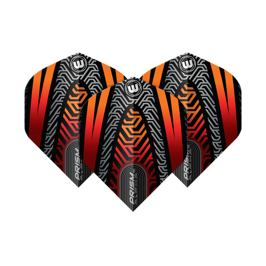 Das Bild zeigt drei Winmau Prism Alpha Schwarz Orange No2 Standard Flights. Die Flights haben ein auffälliges Design in Schwarz, Orange und Rot mit geometrischen Mustern.