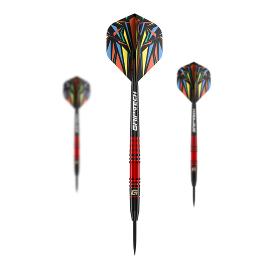 Ocelové šipky GOAT Athlete Red Brass - 11g Das Bild zeigt den GOAT Athlete Red Brass Steeldart mit einem Gewicht von 11g. Der Dart hat eine auffällige, bunte Flugfeder und einen roten Messingkörper.