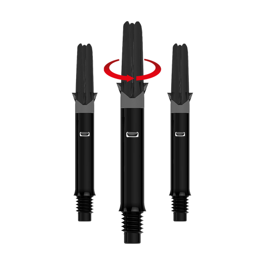 Tiché rovné hřídele ve stylu L, černé Das Bild zeigt drei schwarze Dartshafts ohne Kappen. Über dem mittleren Shaft befindet sich ein roter Pfeil, der eine Drehbewegung anzeigt.