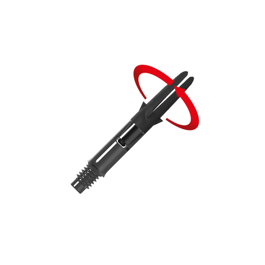 Das Bild zeigt einen schwarzen Dart-Schaft aus Carbon. Ein roter Pfeil deutet eine Drehbewegung auf den oberen Teil des Schafts an.