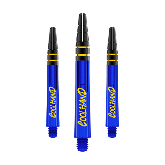 Red Dragon Nitrotech Luke Humphries Coolhand šachty - modré Auf dem Bild sind drei blaue Dartshafts mit der gelben Aufschrift „COOLHAND“ zu sehen. Die oberen Enden der Shafts sind schwarz mit goldenen Ringen verziert.