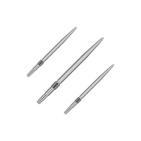 Targetové hroty Swiss Point Nano Dart - Stříbrné Das Bild zeigt drei silberne Dartspitzen in einer Reihe. Jede Spitze ist schlank und hat ein feines Gewinde am unteren Ende.