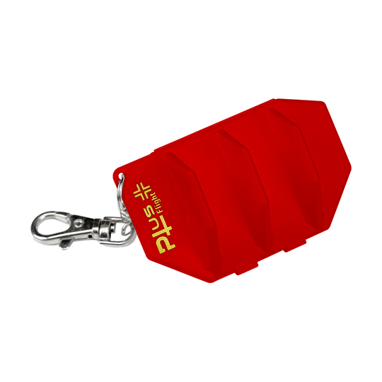 Das Bild zeigt ein rotes Robson Plus Flight Case mit einem silbernen Karabinerhaken. Auf dem Etui steht in gelber Schrift "PLUS Flight".