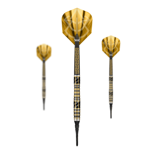 Šipky Shot Alchemy Auro Softdarts - 20g Abgebildet sind die Shot Alchemy Auro Softdarts mit 20g Gewicht. Der Fokus liegt auf dem Design und der Verarbeitung der Softdarts.