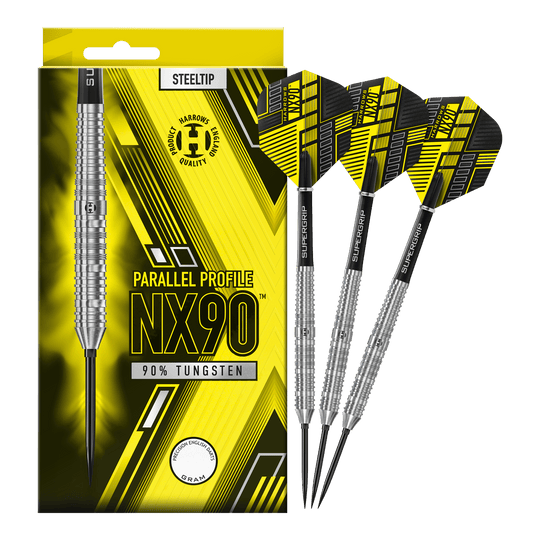 Abgebildet sind die Harrows NX90 Parallel Quick Point Steeldarts. Diese Darts sind bekannt für ihre Präzision und ihr paralleles Barrel.