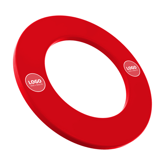 Surround mit Wunschdruck Dieses Bild zeigt das Produkt MC-2011_Dartboard_Surround_mit_Wunschdruck_Rot_Logo_3. Es ist wahrscheinlich eine Dartboard-Umrandung in Rot mit individuellem Logo.
