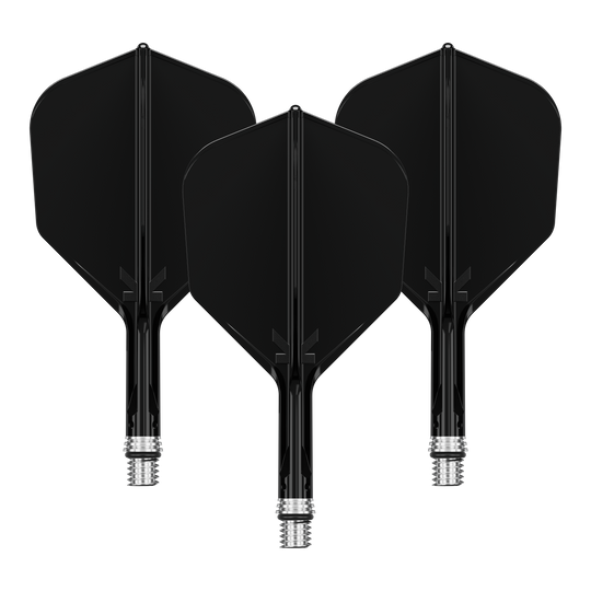 Letky Target K-Shift č. 6 - černé Das Bild zeigt ein Set schwarzer KShift No6 Flights mit 19mm Länge für Darts. Die Flights stammen von der Marke Target.
