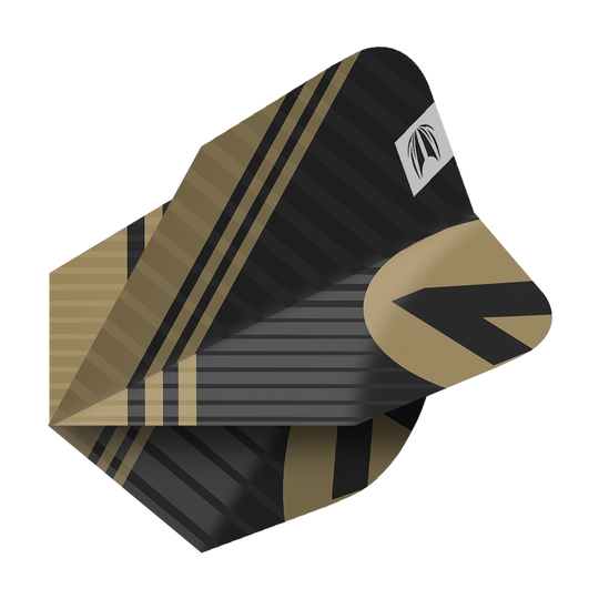 Das Bild zeigt ein Dart-Flight in Schwarz und Gold mit modernen Streifenmustern. Es handelt sich um das Produkt "Target Pro Ultra Chicane Black Ten-X Flights – 3 Sets".