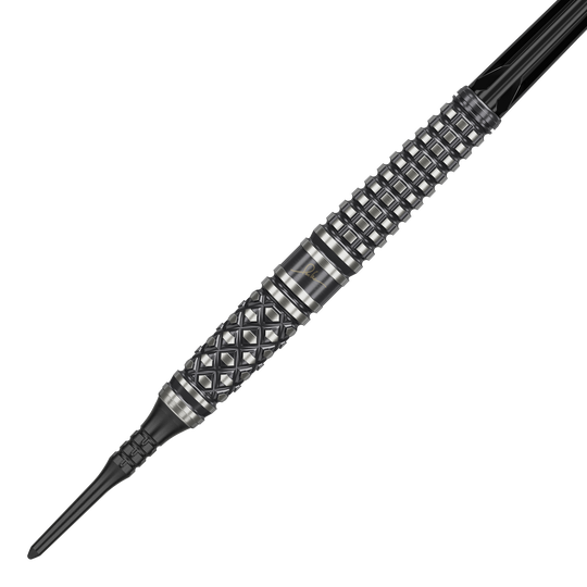 Měkké šipky Target Japan Paul Lim The Legend GEN8 - 19g Das Bild zeigt einen "Target Japan Paul Lim The Legend GEN8 Softdart" mit 19g Gewicht. Der Dart hat ein markantes, schwarzes Design mit silbernen Rillen und einem strukturierten Griff.