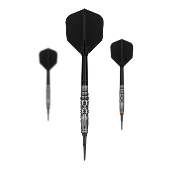 Das Bild zeigt drei Softdarts des Modells "Target Japan Black Marque Dancing Duck GEN 4" mit einem Gewicht von 17g. Die Darts haben ein modernes, schwarzes Design mit silbernen Akzenten am Barrel.