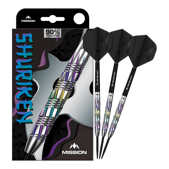 Ocelové šipky Mission Shuriken Mission Shuriken Steeldarts sind professionelle Steeldarts. Das Bild zeigt das vollständige Set der Mission Shuriken Steeldarts.
