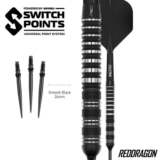 Abgebildet sind die Red Dragon Sable Parallel Switch Point Steeldarts. Präzision und gutes Design zeichnen diese Darts aus.