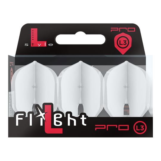 L-Style Flights Champagne - L3PRO Shape Die Abbildung zeigt eine Packung mit drei weißen Dartflights der Marke L-Style. Die Verpackung ist schwarz und transparent und trägt die Aufschrift "Flight Pro L3".