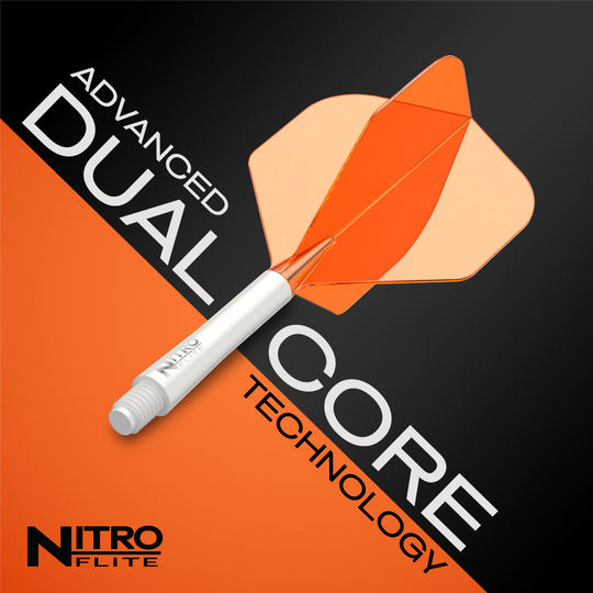 Letky Red Dragon Nitroflite White Shaft Orange No2 Gezeigt wird das Produkt Red Dragon Nitroflite White Shaft Orange Flights No2. Es handelt sich um einen weißen Dart-Schaft mit orangefarbenen Flights.