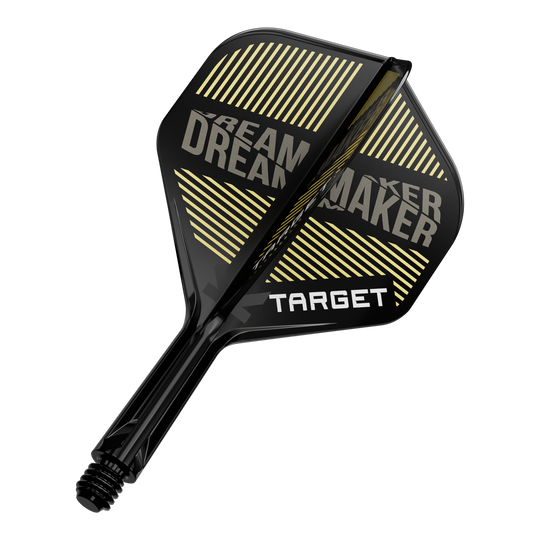 Systém standardní letové hřídele Target K-Flex Dimitri Van Den Bergh No2 Auf dem Bild ist ein schwarzer Dart-Flügel mit gelben Streifen und dem Schriftzug „DREAM MAKER“ zu sehen. Darauf steht außerdem das Wort „TARGET“ in weißen Buchstaben.